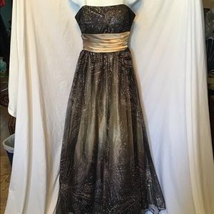 Formal/prom dress, black & gold silk/jewel/overlay